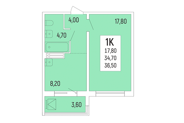 1-комнатная квартира 36,50 м² в Акация на Лежена. Планировка