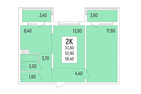 2-комнатная квартира 56,40 м² в Акация на Лежена. Планировка