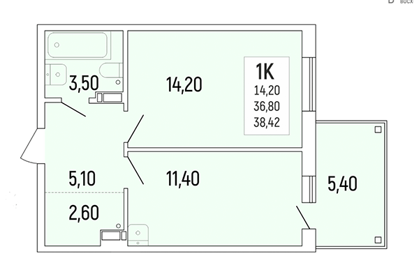 1-комнатная квартира 38,42 м² в Акация на Ватутина. Планировка