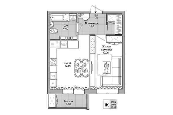 1-комнатная квартира 38,82 м² в Акация на Ватутина. Планировка