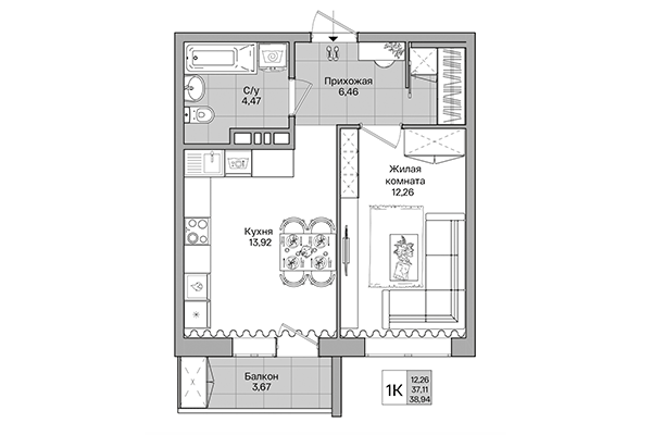 1-комнатная квартира 38,94 м² в Акация на Ватутина. Планировка
