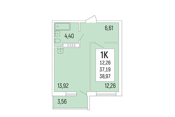 1-комнатная квартира 38,97 м² в Акация на Ватутина. Планировка