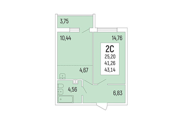 2-комнатная квартира 43,14 м² в Акация на Ватутина. Планировка