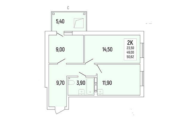 2-комнатная квартира 50,62 м² в Акация на Ватутина. Планировка