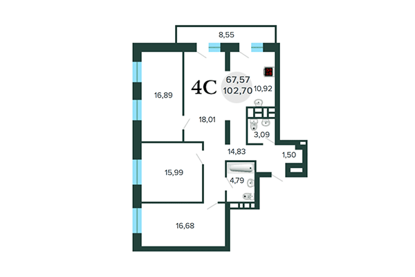 4-комнатная квартира 102,70 м² в ЖК Оазис. Планировка