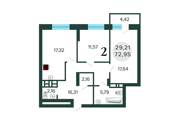 2-комнатная квартира 72,95 м² в ЖК Оазис. Планировка