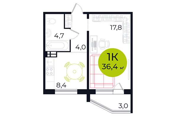 1-комнатная квартира 36,40 м² в ЖК Весна. Планировка