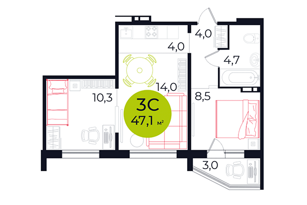 3-комнатная квартира 47,10 м² в ЖК Весна. Планировка