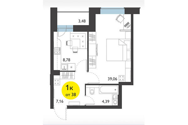 1-комнатная квартира 38,01 м² в ЖК Ясный берег. Планировка
