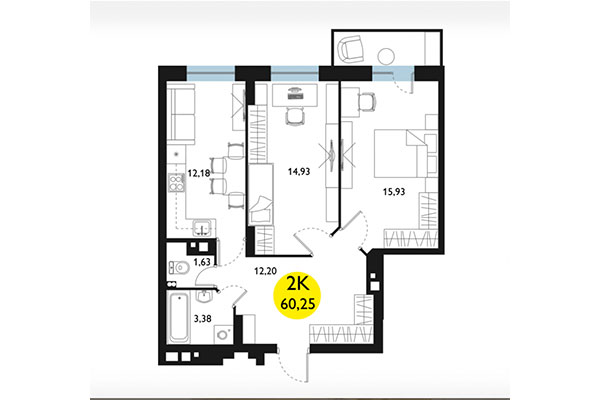 2-комнатная квартира 60,25 м² в ЖК Ясный берег. Планировка