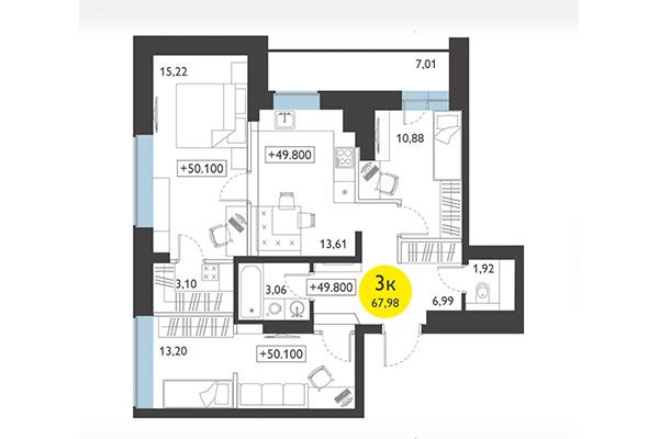 3-комнатная квартира 67,98 м² в ЖК Ясный берег. Планировка