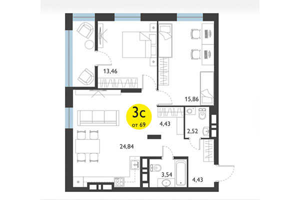 3-комнатная квартира 69,00 м² в ЖК Ясный берег. Планировка