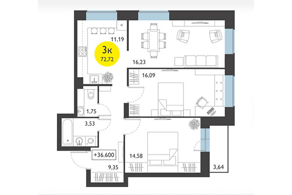 3-комнатная квартира 72,72 м² в ЖК Ясный берег. Планировка