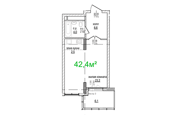 1-комнатная квартира 42,04 м² в ЖК Берлин. Планировка