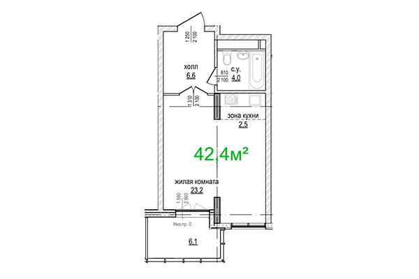 1-комнатная квартира 42,40 м² в ЖК Берлин. Планировка