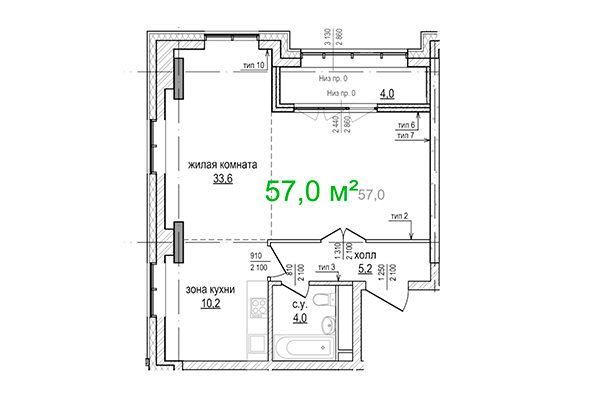 2-комнатная квартира 57,00 м² в ЖК Берлин. Планировка