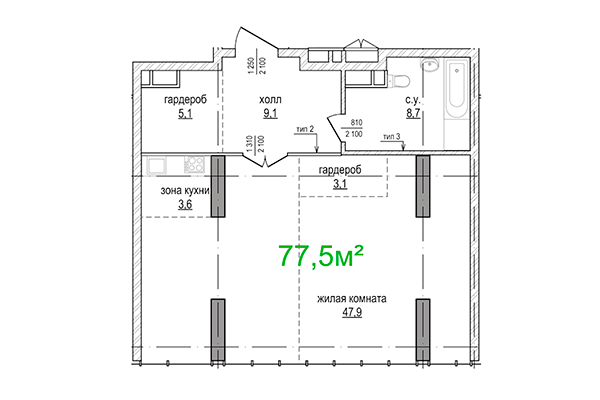 2-комнатная квартира 77,50 м² в ЖК Берлин. Планировка