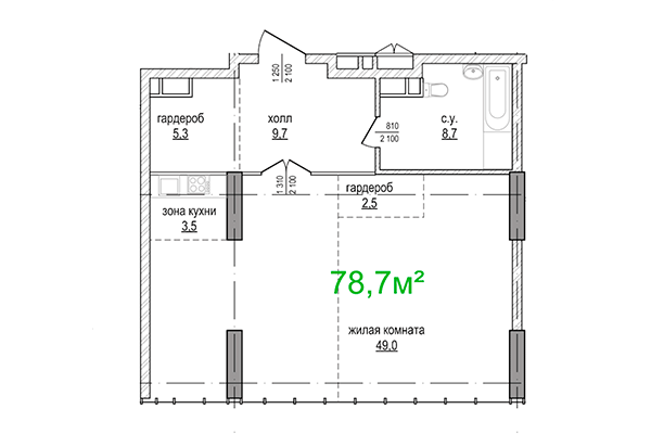 2-комнатная квартира 78,07 м² в ЖК Берлин. Планировка
