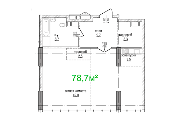 2-комнатная квартира 78,70 м² в ЖК Берлин. Планировка