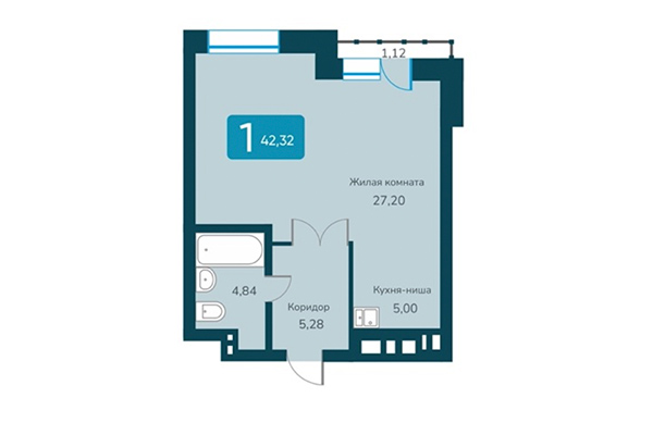 1-комнатная квартира 42,32 м² в ЖК Марсель 2. Планировка