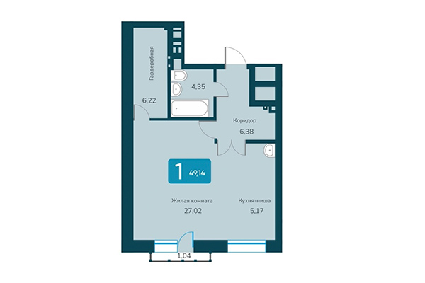1-комнатная квартира 49,14 м² в ЖК Марсель 2. Планировка