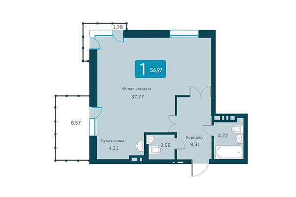 2-комнатная квартира 56,97 м² в ЖК Марсель 2. Планировка