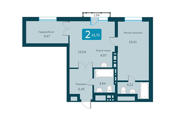 2-комнатная квартира 63,70 м² в ЖК Марсель 2. Планировка