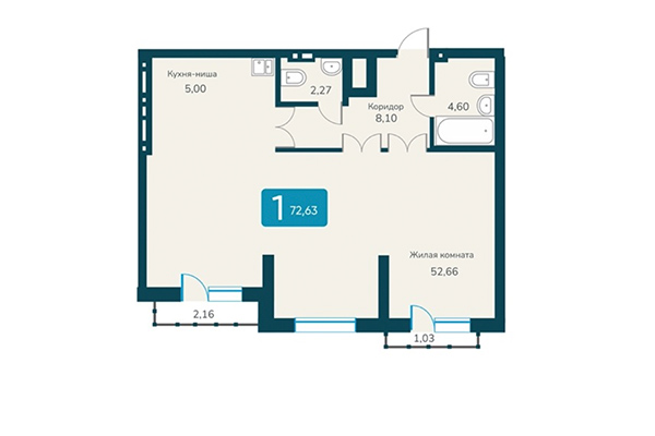 2-комнатная квартира 72,63 м² в ЖК Марсель 2. Планировка