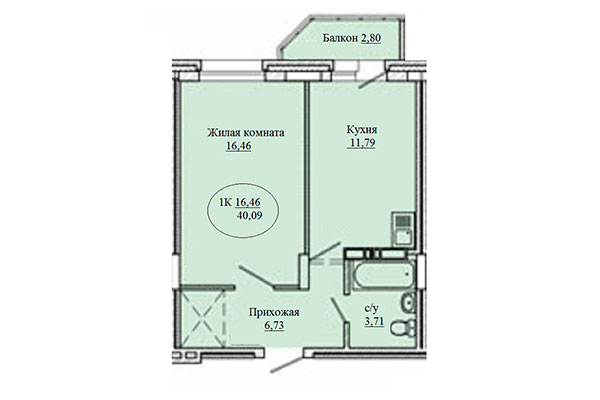 1-комнатная квартира 40,09 м² в Дом на Костычева. Планировка