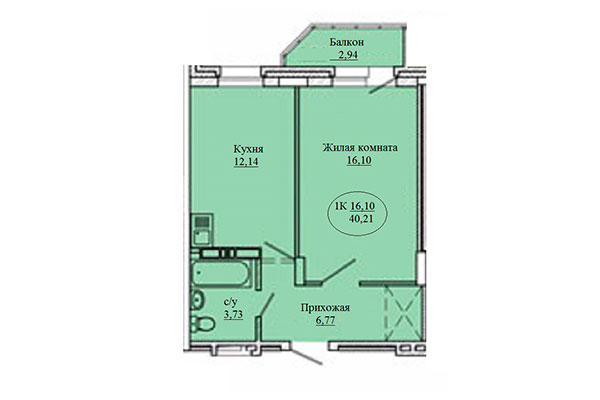1-комнатная квартира 40,21 м² в Дом на Костычева. Планировка