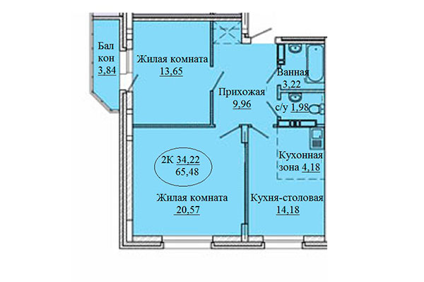 2-комнатная квартира 65,48 м² в Дом на Костычева. Планировка