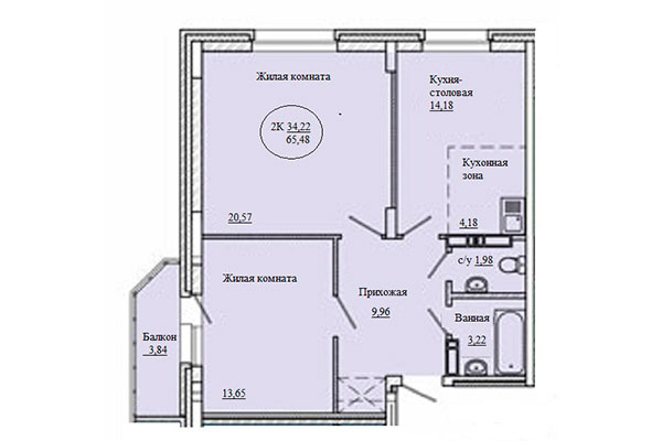 2-комнатная квартира 65,49 м² в Дом на Костычева. Планировка