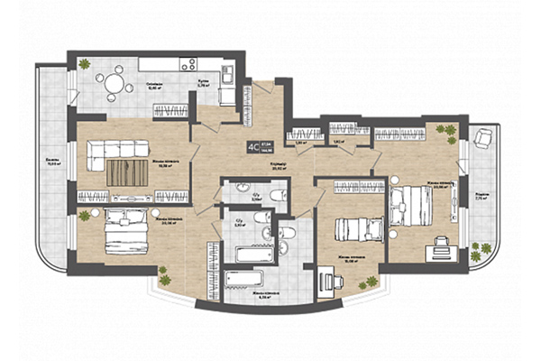 4-комнатная квартира 144,90 м² в ЖК Сосны. Планировка