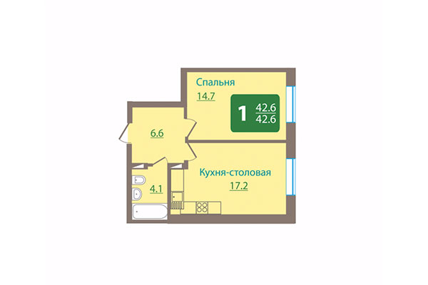 1-комнатная квартира 42,60 м² в ЖК Ельцовский парк. Планировка