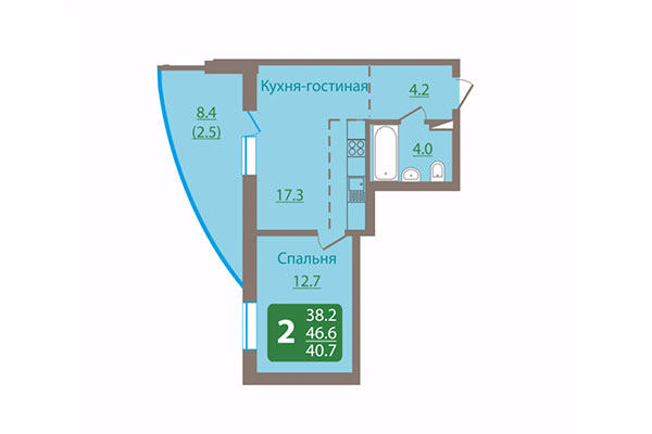 2-комнатная квартира 46,61 м² в ЖК Ельцовский парк. Планировка