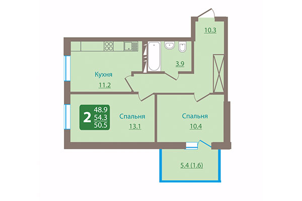 2-комнатная квартира 54,30 м² в ЖК Ельцовский парк. Планировка