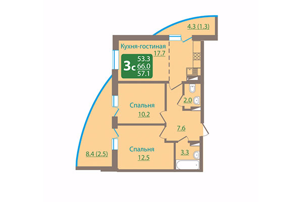 3-комнатная квартира 66,00 м² в ЖК Ельцовский парк. Планировка