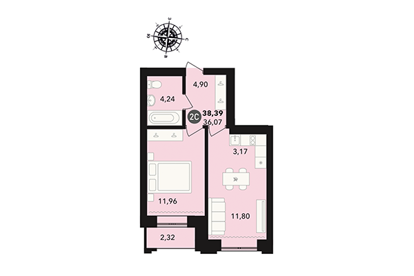 1-комнатная квартира 38,39 м² в ЖК Державина 50. Планировка