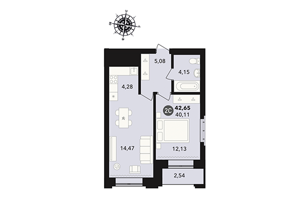 2-комнатная квартира 42,65 м² в ЖК Державина 50. Планировка