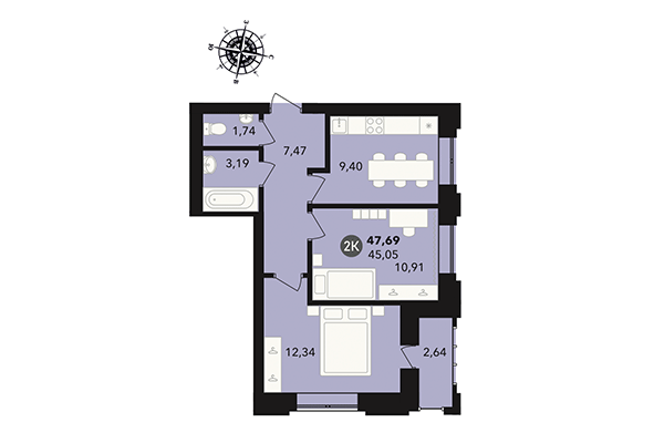 2-комнатная квартира 47,69 м² в ЖК Державина 50. Планировка