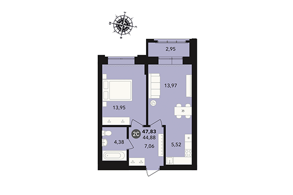 2-комнатная квартира 47,83 м² в ЖК Державина 50. Планировка