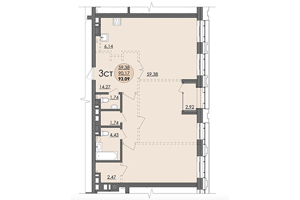 3-комнатная квартира 93,09 м² в ЖК Ричмонд. Планировка