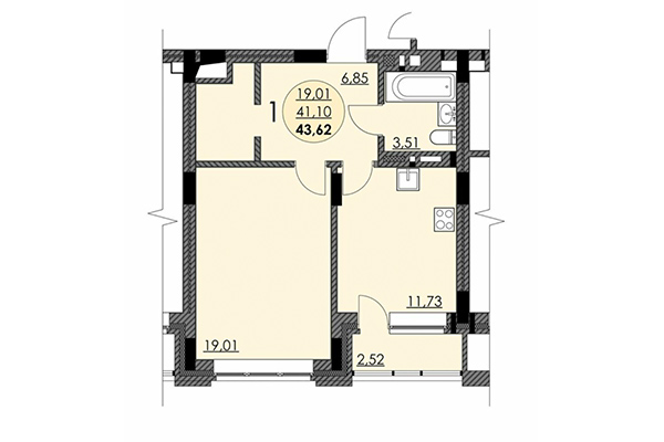 1-комнатная квартира 43,62 м² в ЖК Романтика. Планировка