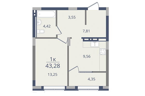 1-комнатная квартира 43,28 м² в ЖК Лев Толстой. Планировка