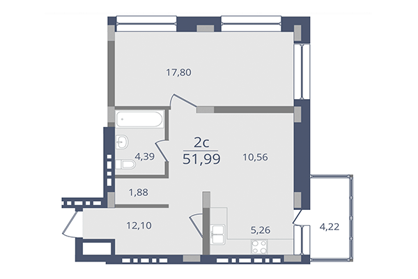 2-комнатная квартира 51,99 м² в ЖК Лев Толстой. Планировка