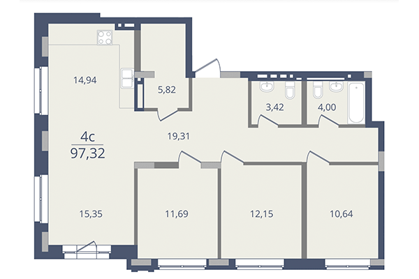 4-комнатная квартира 97,32 м² в ЖК Лев Толстой. Планировка