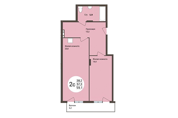 2-комнатная квартира 59,10 м² в ЖК на Коротаева. Планировка