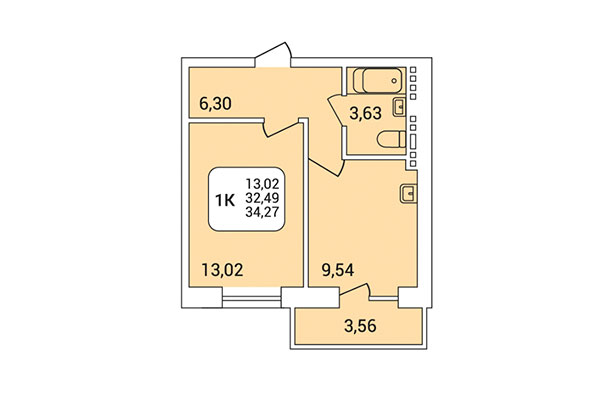1-комнатная квартира 34,27 м² в Дом на Федосеева. Планировка