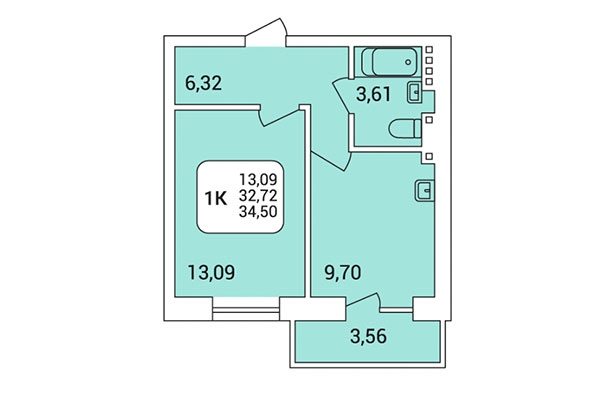 1-комнатная квартира 34,50 м² в Дом на Федосеева. Планировка