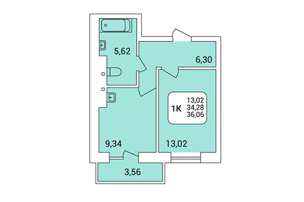 1-комнатная квартира 36,06 м² в Дом на Федосеева. Планировка